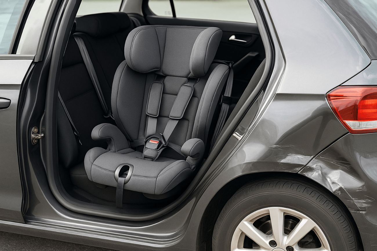 Kindersitz nach einem Verkehrsunfall