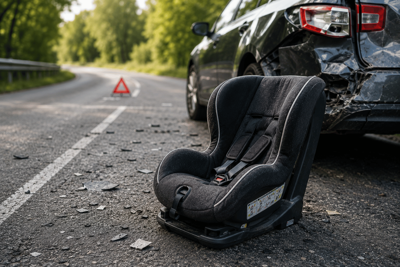Kindersitz nach einem Verkehrsunfall