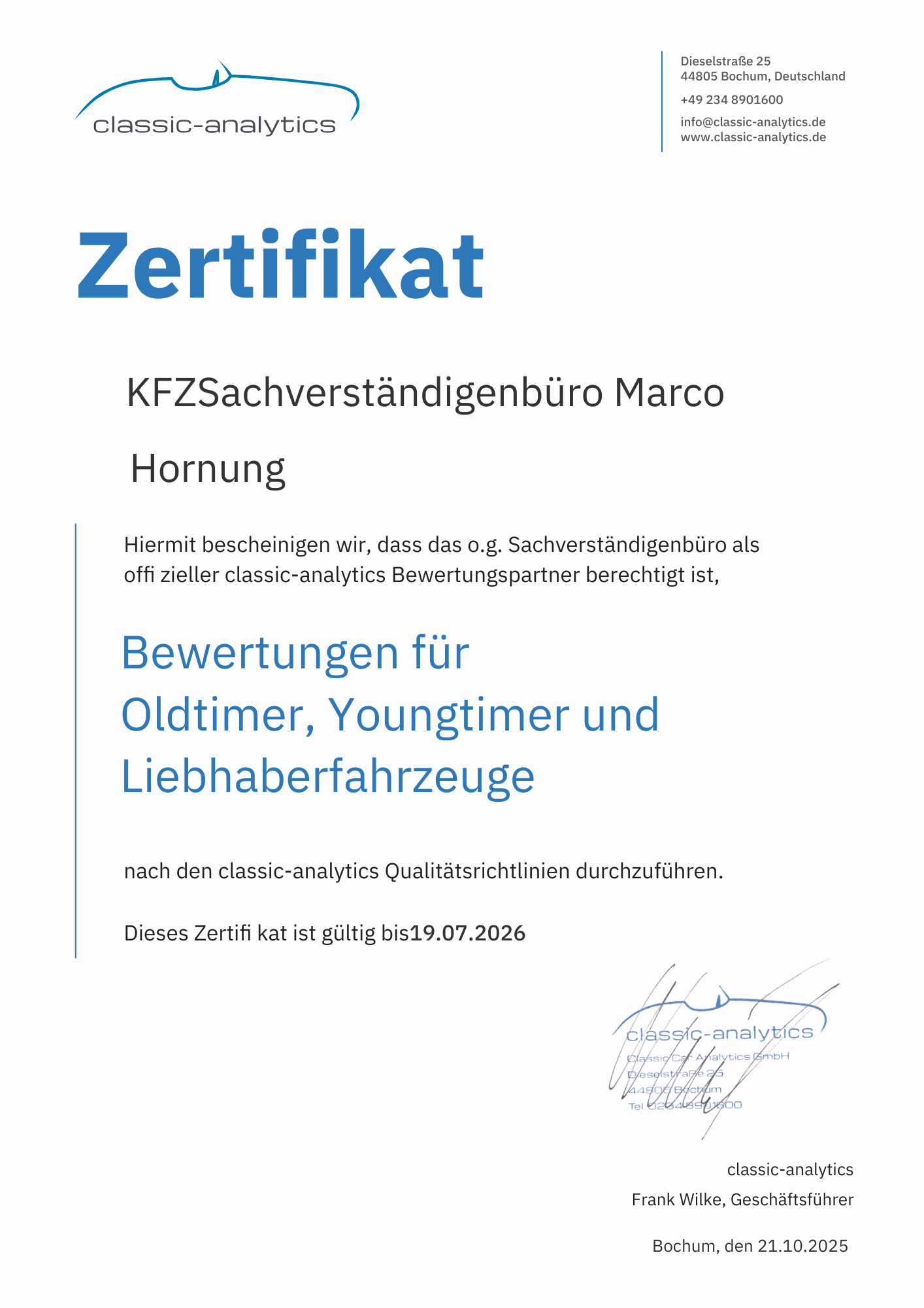 Classic-Analytics Zertifikat Marco Hornung