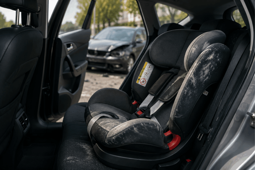 Titelbild Kindersitz nach einem Verkehrsunfall